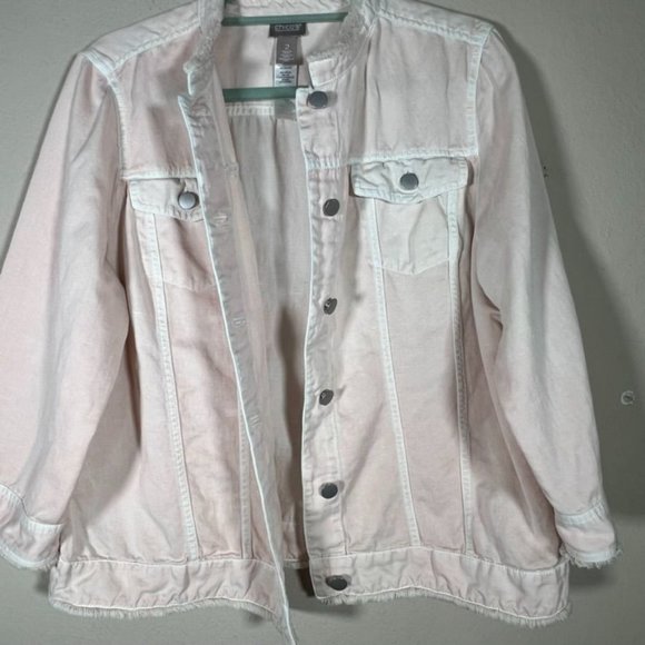 Chico's Pink Faded Jacket Fringe Button Up Size Large Cotton Linen - Picture 10 of 11